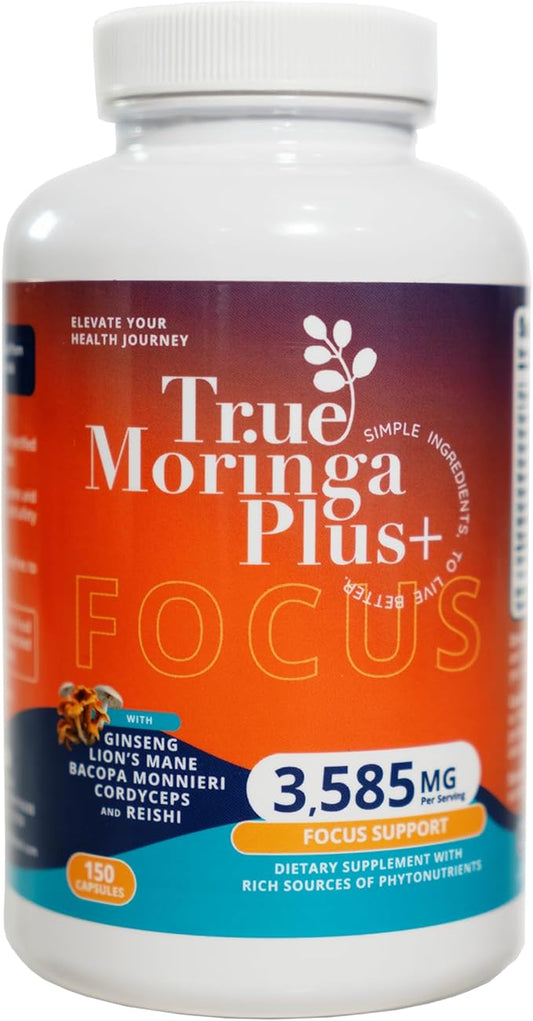 Focus Support Supplement 10:1 Extract | 20,000mg of Organic Moringa, Reishi, Cordyceps, Lion’s Mane, Ashwagandha, Bacopa Monnieri | Memory & Brain Health for Adults (150 Capsules)