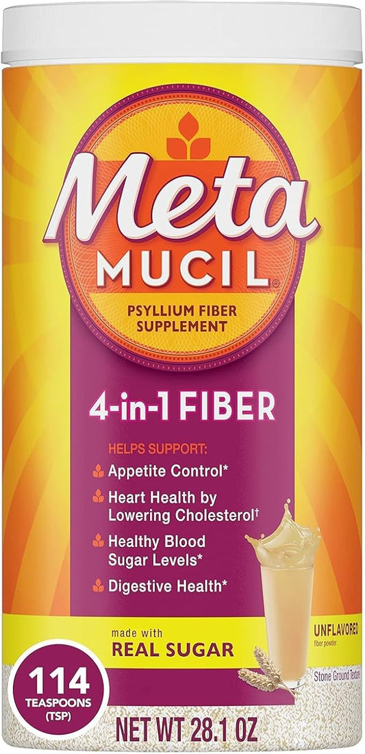 Metamucil, Daily Psyllium Husk Powder Supplement with Real Sugar, 4-in-1 Fiber for Digestive Health, Orange Smooth Flavored Drink, 114 Servings