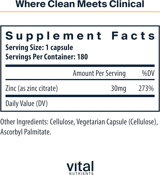 Vital Nutrients Zinc Citrate 30mg | Easily Absorbed Immune Support Supplement* | Vegan Zinc Supplement | Gluten, Dairy, Soy Free | Non-GMO | 30mg | 180 Capsules