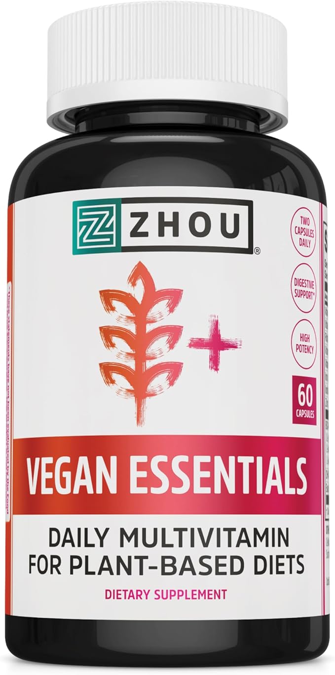 Zhou Vegan Essentials Multivitamin Supplement, B Vitamins, Energy, Vitamin C, Zinc, Immune System Function, Iodine Thyroid Support, Liposomal Iron, Plant-Based Diet Multivitamin, 60 Veg Caps