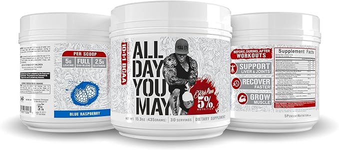 5% Nutrition Rich Piana AllDayYouMay BCAA Powder | Premium Intra & Post Workout Amino Acids, Hydration, Endurance, Muscle Recovery, Joint & Liver Support | 16.4 oz, 30 Servings (Blue Raspberry)