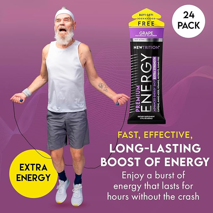 Extra Strength Energy Shots Packets, Caffeine Energy Shots with Vitamin B & Amino Acids, Sugar-Free Vitamin Energy Shot, 1.7 fl oz, Grape, 24 Count