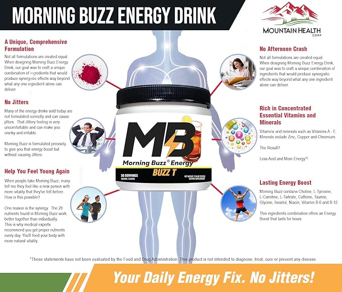 Morning Buzz Energy Drink Powder - Energy Boost Energy Drink - Sugar-Free Energy with Antioxidants - Morning Kickstart and Sports Nutrition Endurance Product - 30 Servings, Iced Tea, 8 Ounces