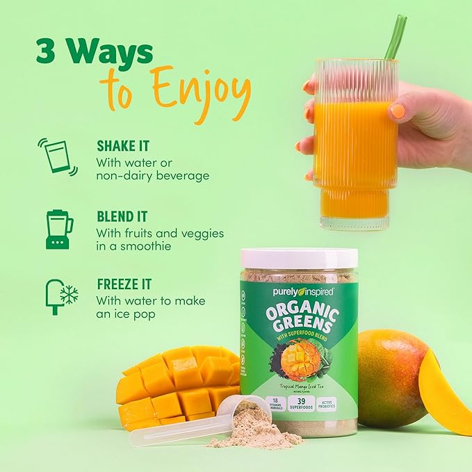 Purely Inspired Organic Green Powder Smoothie Mix, Tropical Mango Iced Tea Flavor (30 Servings) - Probiotics for Digestive Health with Spirulina & Chlorella for Gut Health - Vegan & Gluten-Free