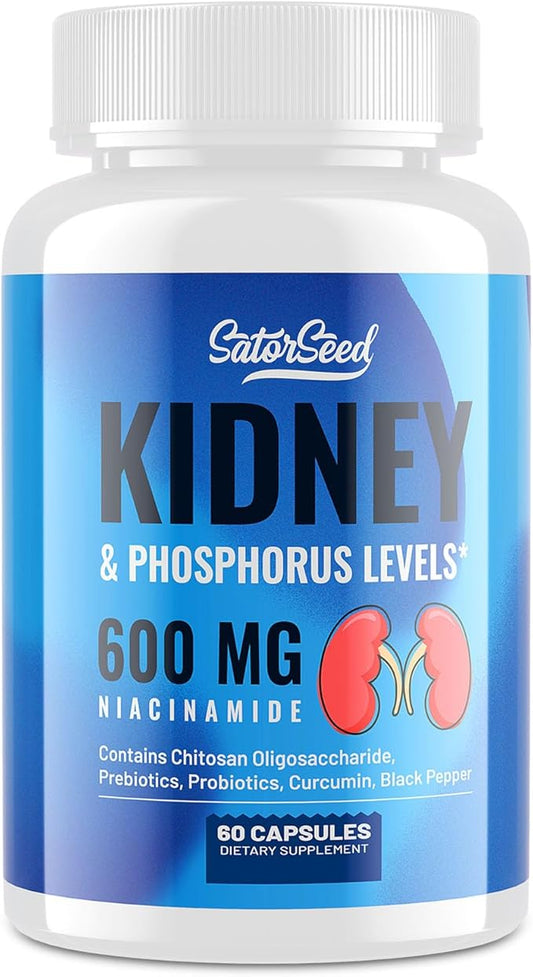 Kidney Support Supplement Cleanse Detox Kidney Chitosan Oligosaccharides Supplement Niacinamide 600mg, Kidney & Phosphorus Levels, Prebiotics & Probiotics, Curcumin & Black Pepper - 60 Capsules