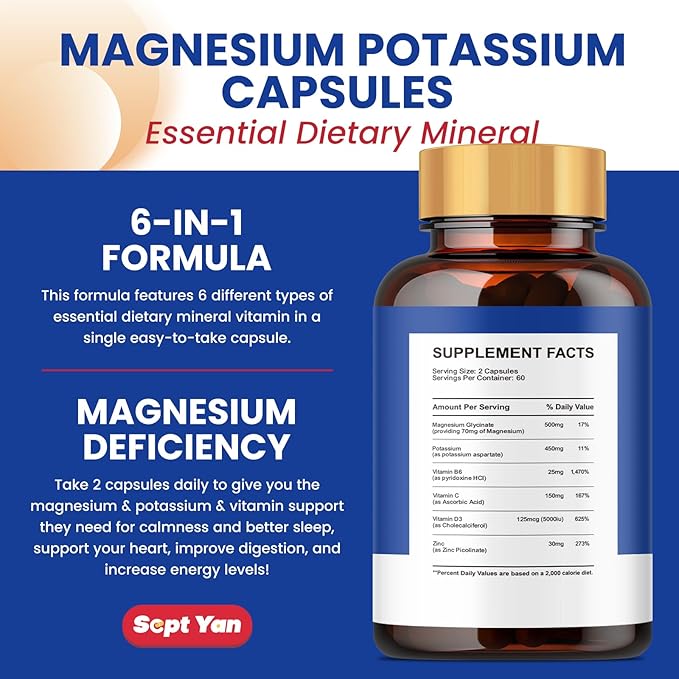 Magnesium Glycinate Capsules 500 mg - Magnesium Supplement with Potassium, Zinc, Vitamin C, D3, B6 - Support Proper Sleep & Rest - Maintain Muscle & Heart Health - 120 ct Easy to Swallow Vegan Pills