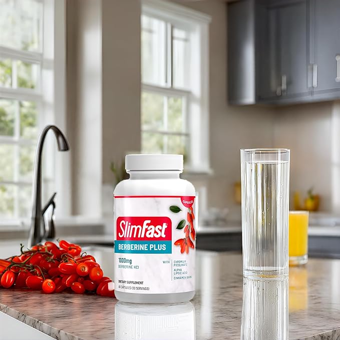 SlimFast Berberine Plus Capsules, Berberine Supplement, with Berberine hcl, Chromium Picolinate, Alpha Lipoic Acid, and Cinnamon Bark, 60 Count, 30 Servings