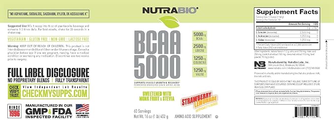 NutraBio BCAA 5000 Powder - Fermented Branched Chain Amino Acids for Muscle Growth & Recovery - Natural Flavors, Sweeteners, and Coloring, Vegan, Gluten Free - Strawberry Lemonade, 60 Servings