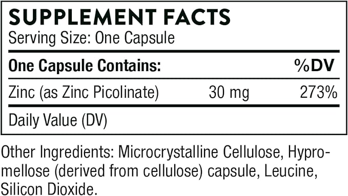 Thorne Zinc Picolinate 30 mg - Well-Absorbed Zinc Supplement for Growth and Immune Function - 180 Capsules