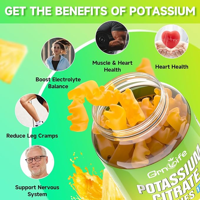 Potassium Citrate Gummies, High Potassium Supplement Gummies 1200mg Support Leg Cramps & Muscle Health, Potassium Gummies for Adults & Kids, Vegan, Pineapple Flavor 120 Count