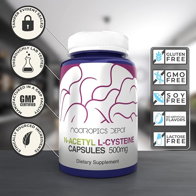 Nootropics Depot N-Acetyl L-Cysteine Capsules | 500mg | NAC | 60 Count | Supports Healthy Liver Function | Cellular Health | Glutathione Levels | Healthy Oxidation Levels