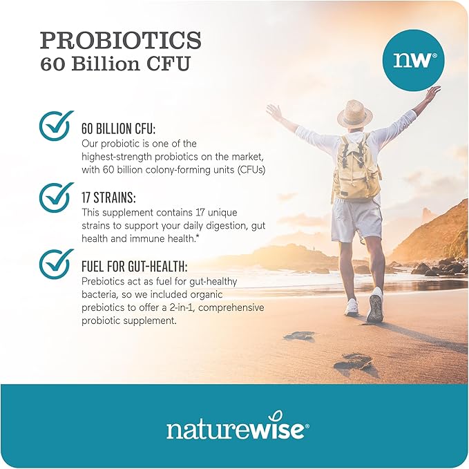 NatureWise Probiotics 60 Billion CFU - 17 Strains + Organic Prebiotics - Immune, Digestive & Gut Health Support for Women & Men - Vegetarian, Gluten-Free, Non-GMO - 60 Capsules[2-Month Supply]