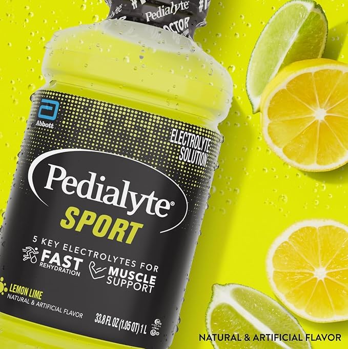 Pedialyte Sport Electrolyte Drink, Fast Hydration with 5 Key Electrolytes for Muscle Support Before, During, & After Exercise, Lemon Lime, 1 Liter, Pack of 4
