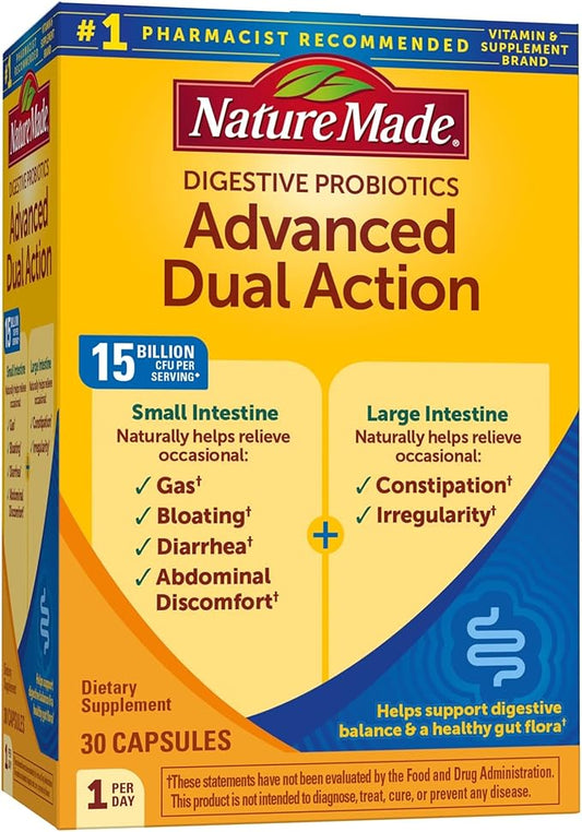 Nature Made Digestive Probiotics Advanced Dual Action, Probiotics for Women and Men, 30 Probiotic Capsules, 30 Day Supply