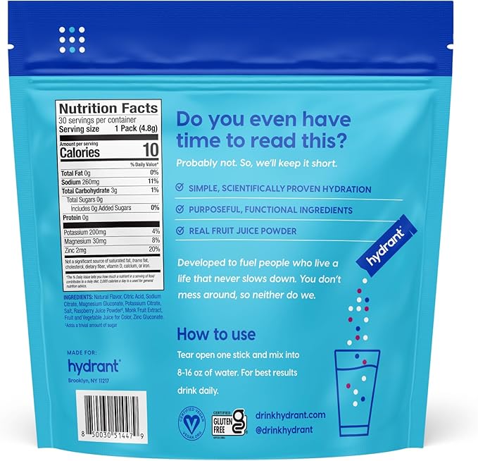 Hydrant Hydrate Zero Sugar, Individual Hydration Electrolye Powder Stick Packets with Zero Sugar and FSA & HSA Eligibility (Berry Burst, 30 Count)
