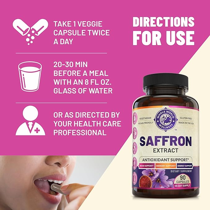 100% Pure Saffron Extract - NSF Certified. Supports Weight and Appetite Health, Mood, Focus, Memory, Digestion, Eye, Skin and Brain Health. Saffron Supplements for Women and Men, 45-Day Supply.