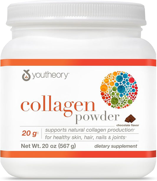 Youtheory Collagen Powder - Premium Collagen Supplement with Vitamin C & Biotin - Supports Healthy Hair, Nails, Skin & Joints* - Dairy, Soy & Gluten Free - Chocolate, 20 oz