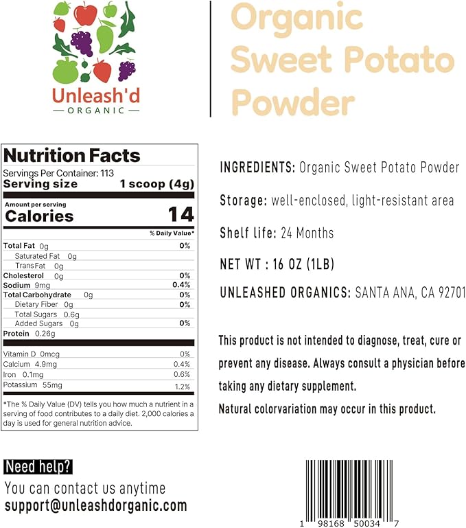 UNLEASH'D ORGANIC Organic Sweet Potato Powder 16 oz 100% Pure Natural Green Food, Rich in Antioxidants and Multivitamins, Boosts Immune System, Supports Digestive Health