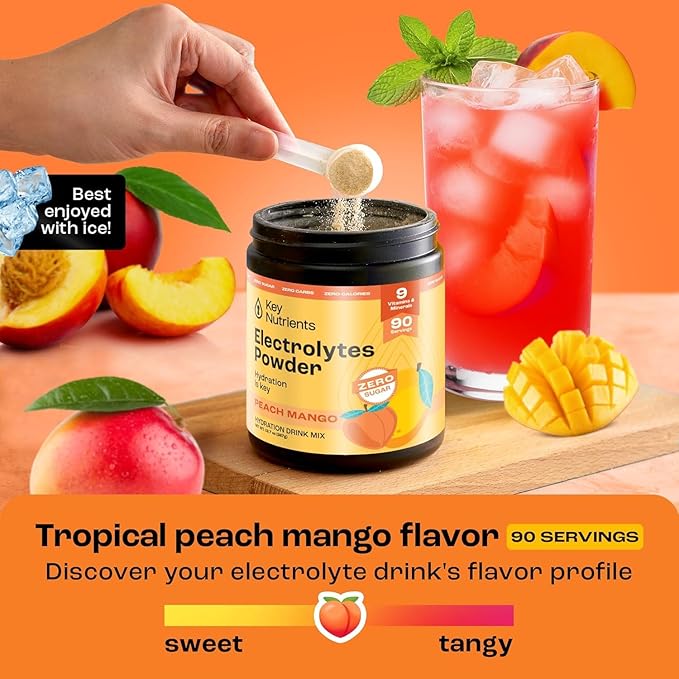 KEY NUTRIENTS Multivitamin Electrolytes Powder No Sugar - Tropical Peach Mango Electrolyte Powder - Endurance & Energy Supplement - Hydration Powder - No Calories - 90 Servings - Made in USA