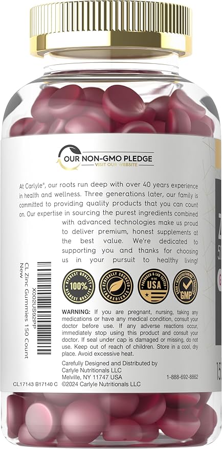 Carlyle Zinc 50mg Gummies | 150 Count | Vegan, Non-GMO and Gluten Free Formula | Zinc Citrate Dietary Supplement