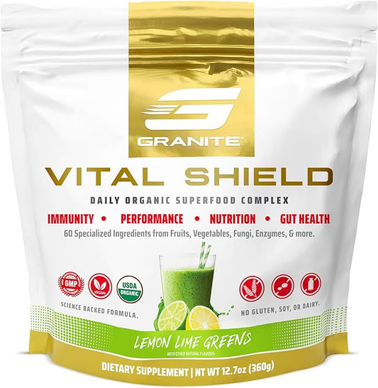 Granite Supplements Vital Shield - (30 Servings) Greens Superfood Powder - Fruit & Vegetable Super Foods Powder for Performance, Gut Health, Immunity & Nutrition, Lemon Lime Berry Greens
