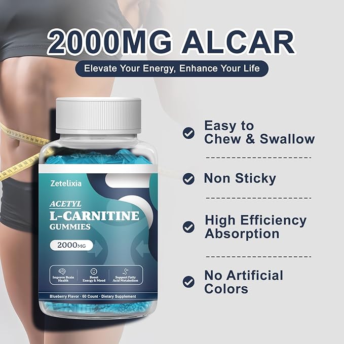 2 Pack Acetyl L-Carnitine Gummies 2000mg, L-Carnitine Supplement with Vitamin C & B12, ALCAR for Energy, Brain & Mood Support, Fatty Acid Metabolism, Vegan, Non-GMO, Sugar Free, 120 Count
