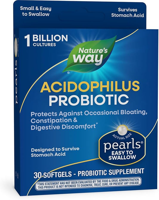 Nature's Way Acidophilus Probiotic Pearls, Supports Digestive Balance and Gut Health*, Protects Against Occasional Constipation and Bloating*, 1 Billion Live Cultures, 30 Softgels (Packaging May Vary)