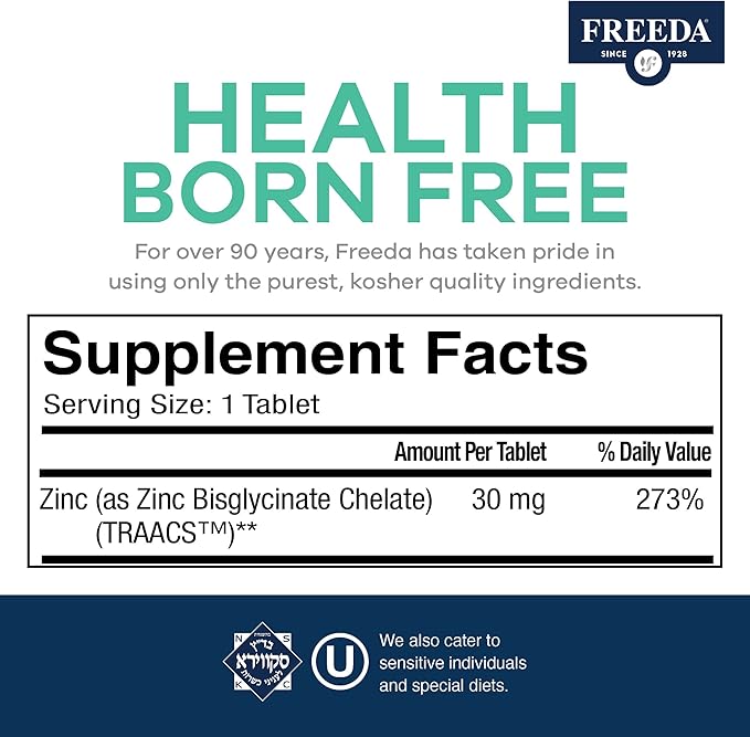 Freeda Chelated Zinc Supplement - Kosher 30 mg Zinc Chelate Zinc Tablets as Albion TRAACS Zinc Bisglycinate - Zinc Chelated for Adults - Pure Zinc 30mg - Zinc for Men & Women - (250 Tiny Tablets)