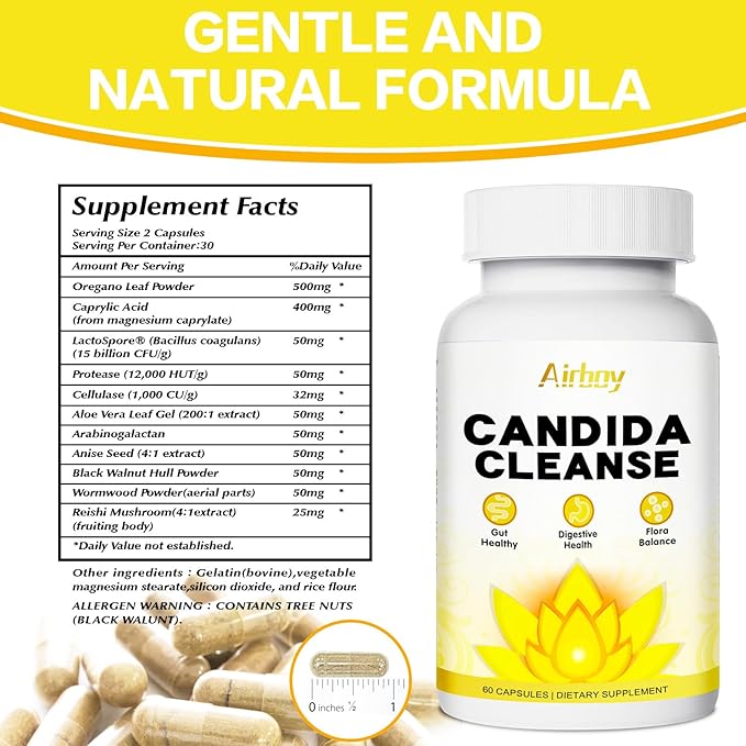 Airboy Candida Cleanse,Gut Colon Cleanse Detox for Women & Men,Candida Support with Oregano Leaf, Caprylic Acid，Wormwood, Black Walnut-60 Counts