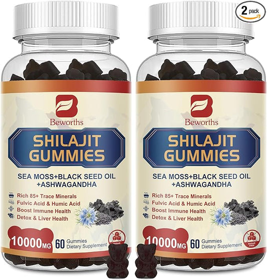 2Pack Shilajit Resin Gummies, Shilajit Sea Moss Supplement with Black Seed Oil, Ashwagandha Ginger, Panax Ginseng, Honey, Shilajit Resin with 85+ Trace Minerals & Fulvic Acid for Energy, Immune Health