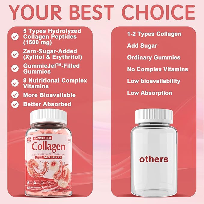 Sugar-Free Hydrolyzed Collagen Peptide Filled Gummies,Extra Strength 1500mg Protein Type I,II,III,V,X with 5000mcg Biotin Vitamin C A E D3 B6 B12 for Immune Digestion Skin Hair Nails Energy Bone Joint