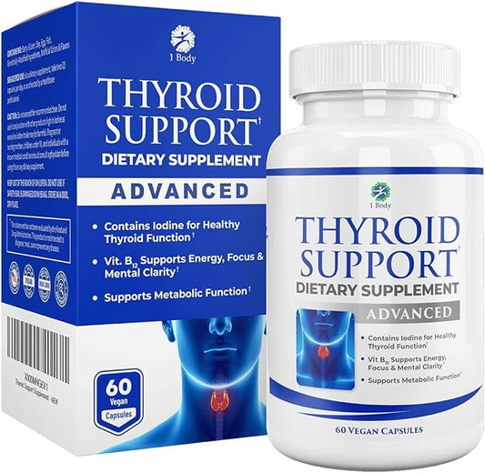 1 Body Thyroid Support Supplement with Iodine, B12, Zinc, Selenium, Ashwagandha, Non-GMO, Vegetarian, 30 Day Supply