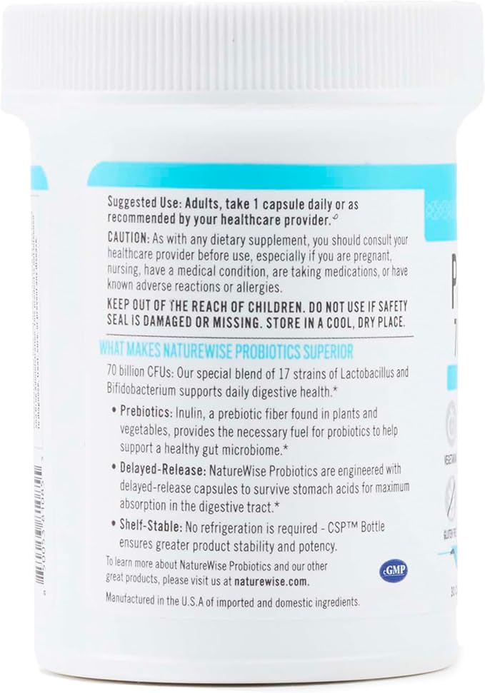 NatureWise Probiotics 70 Billion CFU - 17 Strains + Organic Prebiotics - Immune, Digestive & Gut Health Support for Women & Men - Vegetarian, Gluten-Free, Non-GMO - 30 Capsules[1-Month Supply]