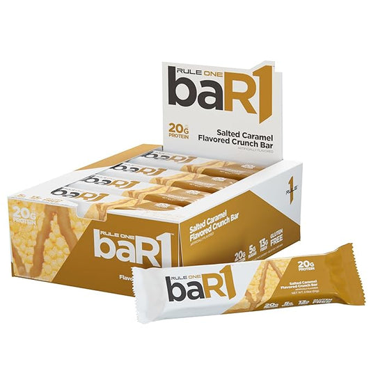 Rule 1 baR1 Crunch Bar - On-The-Go Convenient Protein Snack Bars with 20g Premium Protein, Naturally-Packed with EAAs/BCAAs, Hunger-Filling Fiber (12 Count Box, Salted Caramel)