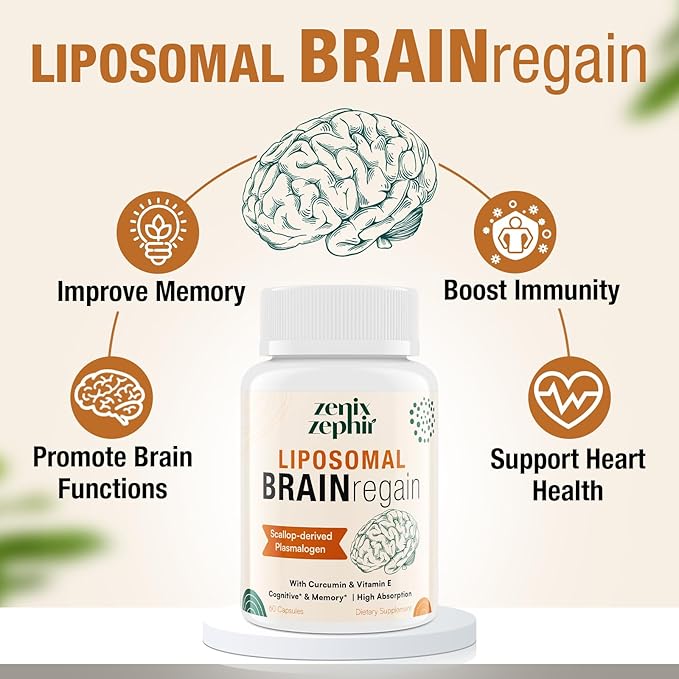 Liposomal Brain Supplements for Memory and Focus - Plasmalogen with Curcumin & Vitamin E for Better Absorption- Suitable for Seniors,Adult Men & Women Cognitive Health,High Potency 60 Servings