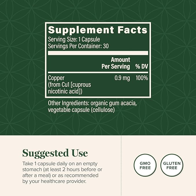 Global Healing Bio-Active Copper Supplement Cu1 - Cuprous Nicotinic Acid Helps Detox Body from Within - Supports Immune System & Red Blood Cell - Niacin Vitamin B3 Chelated Copper - 30 Capsules