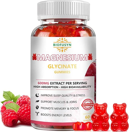 Magnesium Glycinate Gummies 600mg : Sugar-free Gummy Bears With Magnesium, Vitamin D, B6, and CoQ10 for Calm Support & Sleep for Adults & Kids,L-Threonate Multivitamin,Raspberry Flavor 60Count