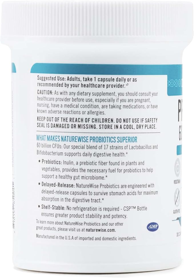 NatureWise Probiotics 60 Billion CFU - 17 Strains + Organic Prebiotics - Immune, Digestive & Gut Health Support for Women & Men - Vegetarian, Gluten-Free, Non-GMO - 30 Capsules[1-Month Supply]