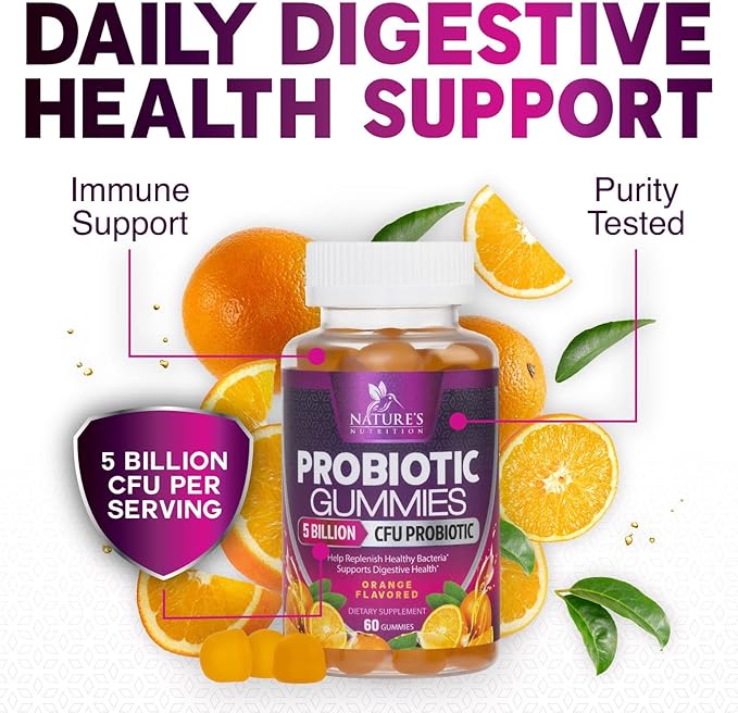 Probiotic Gummies for Digestive Health, Daily Probiotics for Women & Men, 5 Billion CFUs, Nature's Pro Biotics Gummy for Immune Support, Digestive Nutritional Supplements, Orange Flavor - 120 Gummies