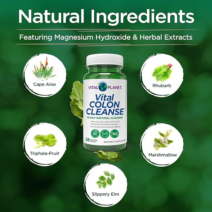 Vital Planet – Vital Colon Cleanse 14-Day Colon Cleanser and Detox with Magnesium Hydroxide, Slippery Elm, and Aloe for Digestive Health Support, Occasional Constipation, and Bloating 28 Capsules