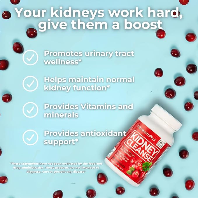 Health Plus Advanced Kidney Cleanse with Cranberry Extract, Turmeric Root and CoQ10, Helps Support Healthy Kidney Function & Urinary Tract Wellness, 60 Capsules
