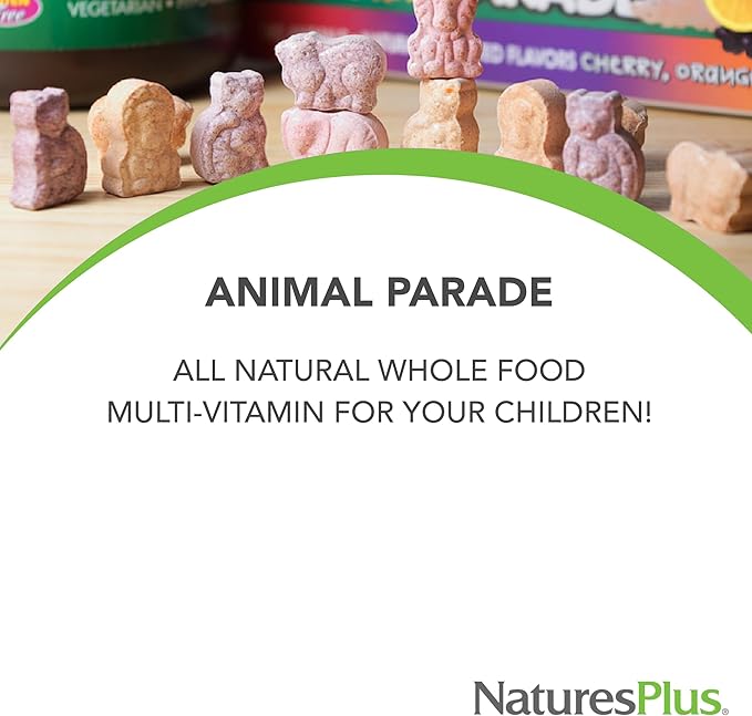 Natures Plus Animal Parade Gold Children's Multivitamin - Assorted Cherry, Orange & Grape Flavors - 60 Chewable Tablets, Pack of 2 - Vegetarian, Gluten Free - 60 Total Servings