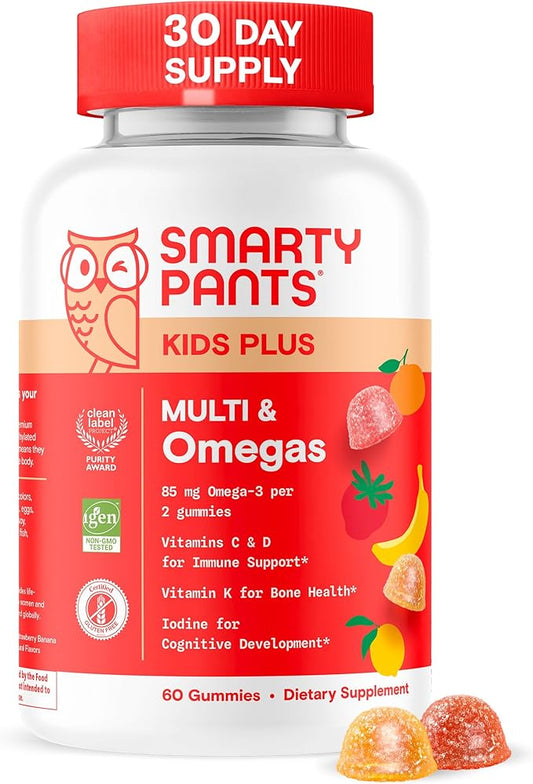 SmartyPants Kids Multivitamin Gummies - Improved Formula: Omega 3 (DHA/EPA), Vitamins D3, C, B12, B6, Vitamin A, K & Zinc, Gluten Free, Three Fruit Flavors, 60 Count (30 Day Supply)