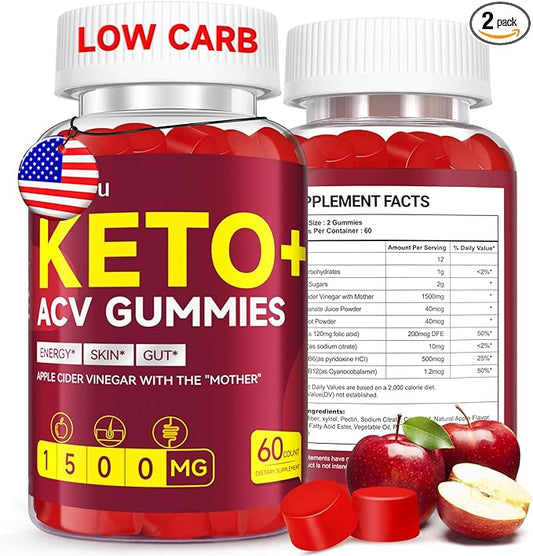 Advanced Keto ACV Gummies – 1500mg Apple Cider Vinegar with Mother – Natural, Organic, Vegan, Gluten-Free ACV Keto Supplement for Metabolism, Detox & Energy Boost – Made in The USA, 2 Pack