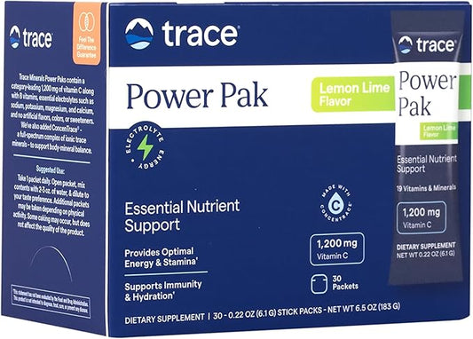 Trace Minerals | Power Pak Electrolyte Powder Packets | 1200 mg Vitamin C, Zinc, Magnesium | Boost Immunity, Hydration and Natural Energy | Lemon Lime | 30 Packets
