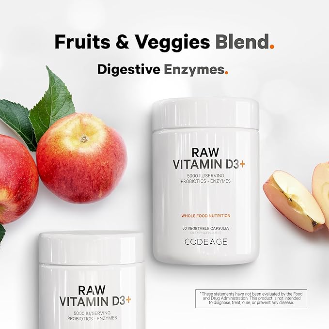 Codeage Raw Vitamin D3+ High Potency 5000 IU Supplement From Saccharomyces Cerevisiae - Raw Vitamin Enhanced with Omega-9, Probiotics, Digestive Enzymes, Fruits & Greens - 2-Month Supply - 60 Capsules