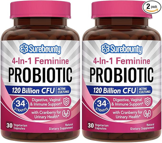 Probiotics for Women, 120 Billion CFU 34 Strains, Prebiotics, Digestive Enzymes, Cranberry, 4-in-1 Feminine Probiotic, Digestive, Vaginal, Immune Support, 60ct (Pack of 2)