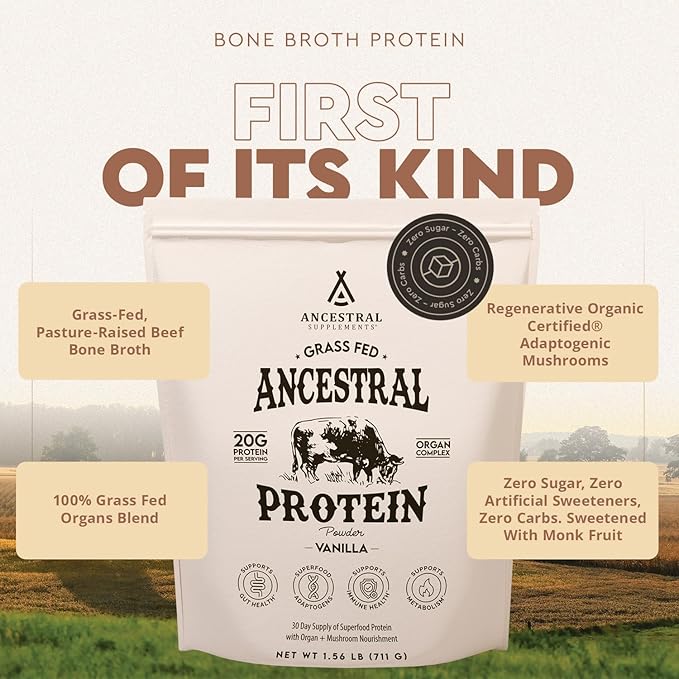 Ancestral Supplements Grass Fed Protein Powder, Vanilla, Beef Bone Broth Based with Beef Organs & Organic Mushrooms, Gut Health Support, High Protein Supplement, 20g Protein Per Serving, 30 Day Supply