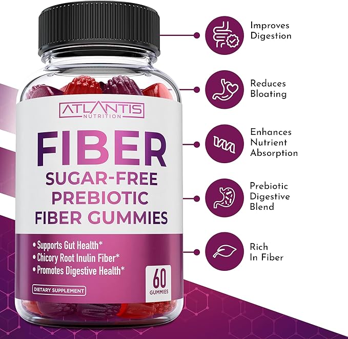 Atlantis Nutrition Sugar Free Fiber Gummies for Adults - 5G Fiber Supplement Formulated with 5.4G Prebiotic Digestive Blend - Supports Gut Health & Promotes Healthy Digestion - 2-Pack 120 Gummies