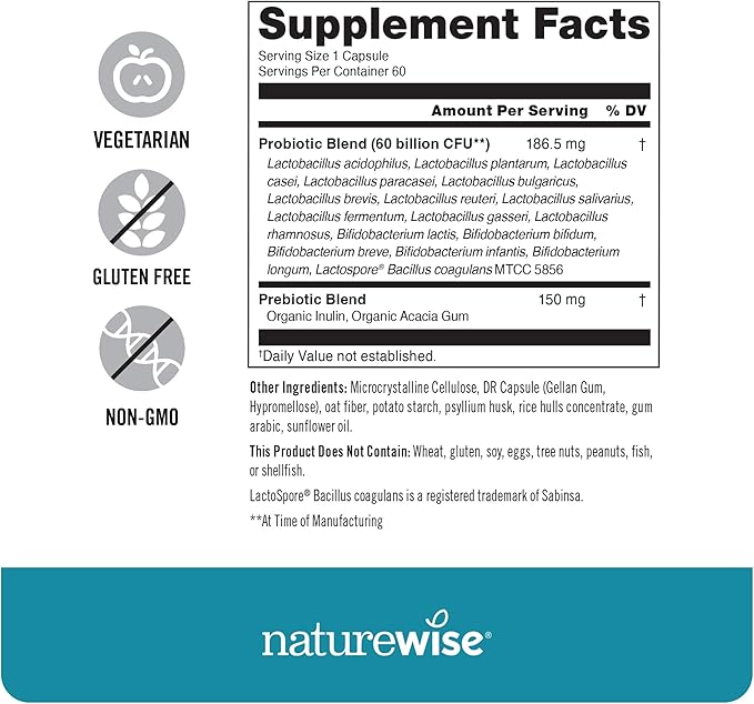NatureWise Probiotics 60 Billion CFU - 17 Strains + Organic Prebiotics - Immune, Digestive & Gut Health Support for Women & Men - Vegetarian, Gluten-Free, Non-GMO - 60 Capsules[2-Month Supply]
